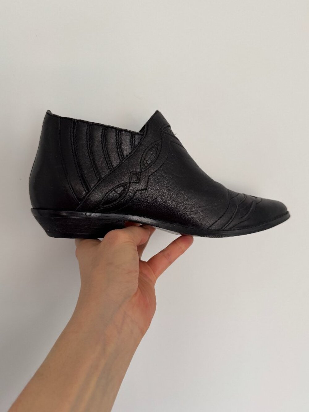 Vintage 90s Palomino Black Leather Ankle Boots | Western Stitch Witchy Boho 6.5 - Picture 6 of 10